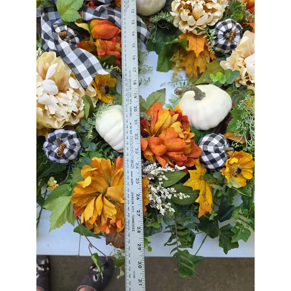 Large Buffalo plaid fall wreath-white pumpkin wreath, lambs ear wreath